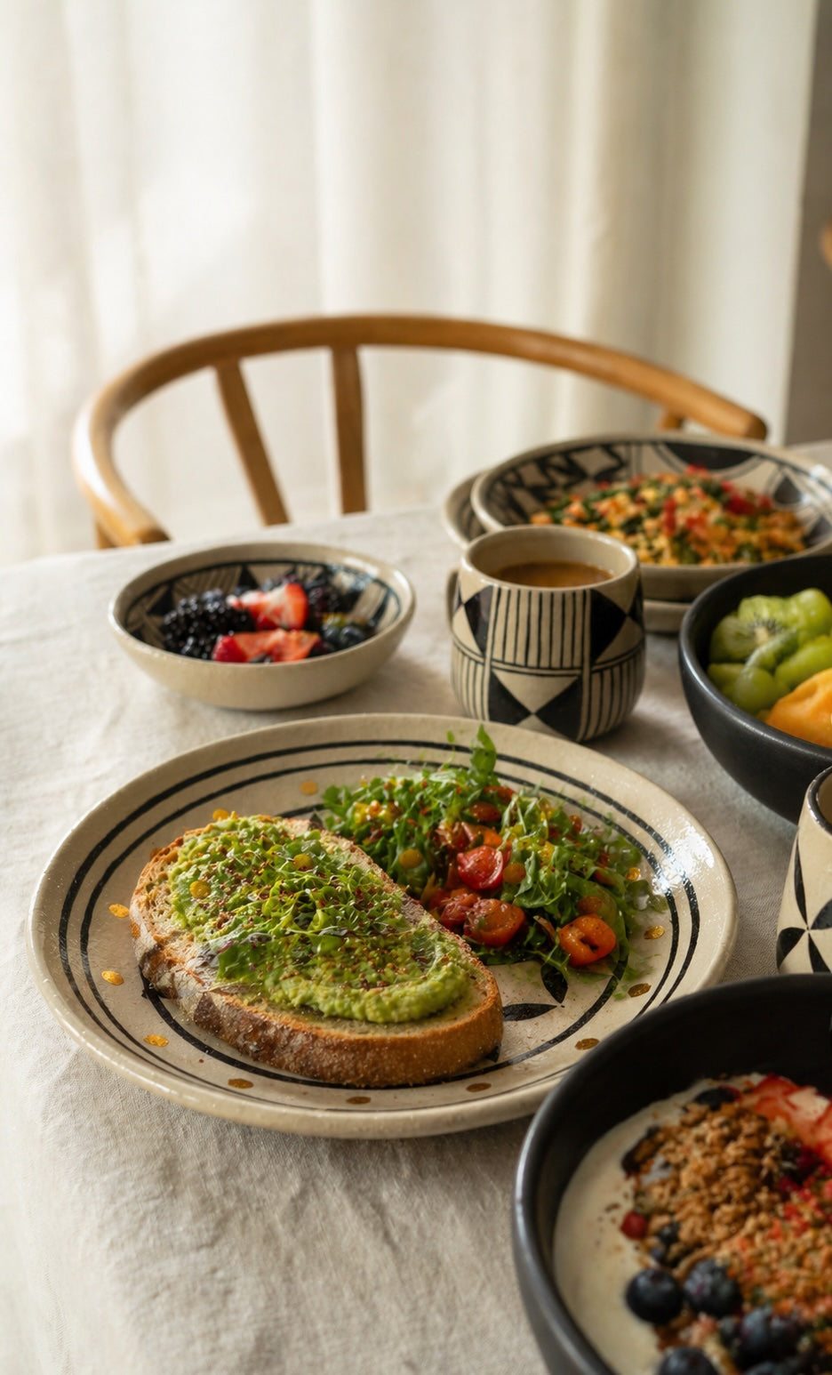 Hand Painted Stoneware Salad Plate with a cream glaze, dark geometric border and rustic hand-painted food design.