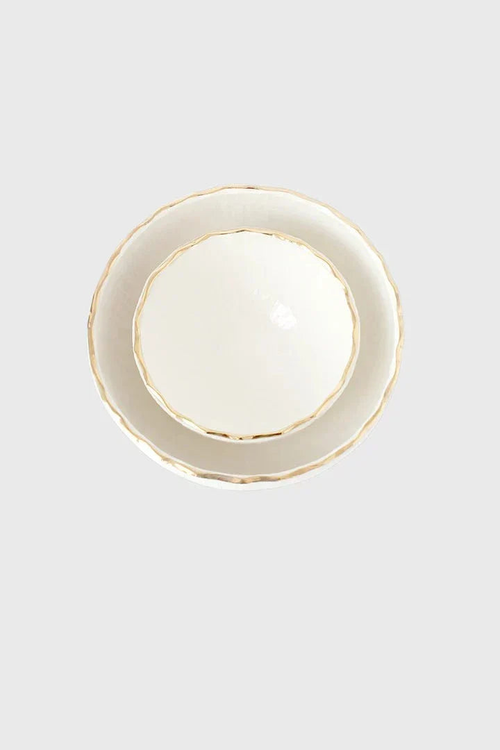Salad bowl, Handmade White Porcelain in off-white with a subtle carved relief texture and delicate hand-painted gold rim.
