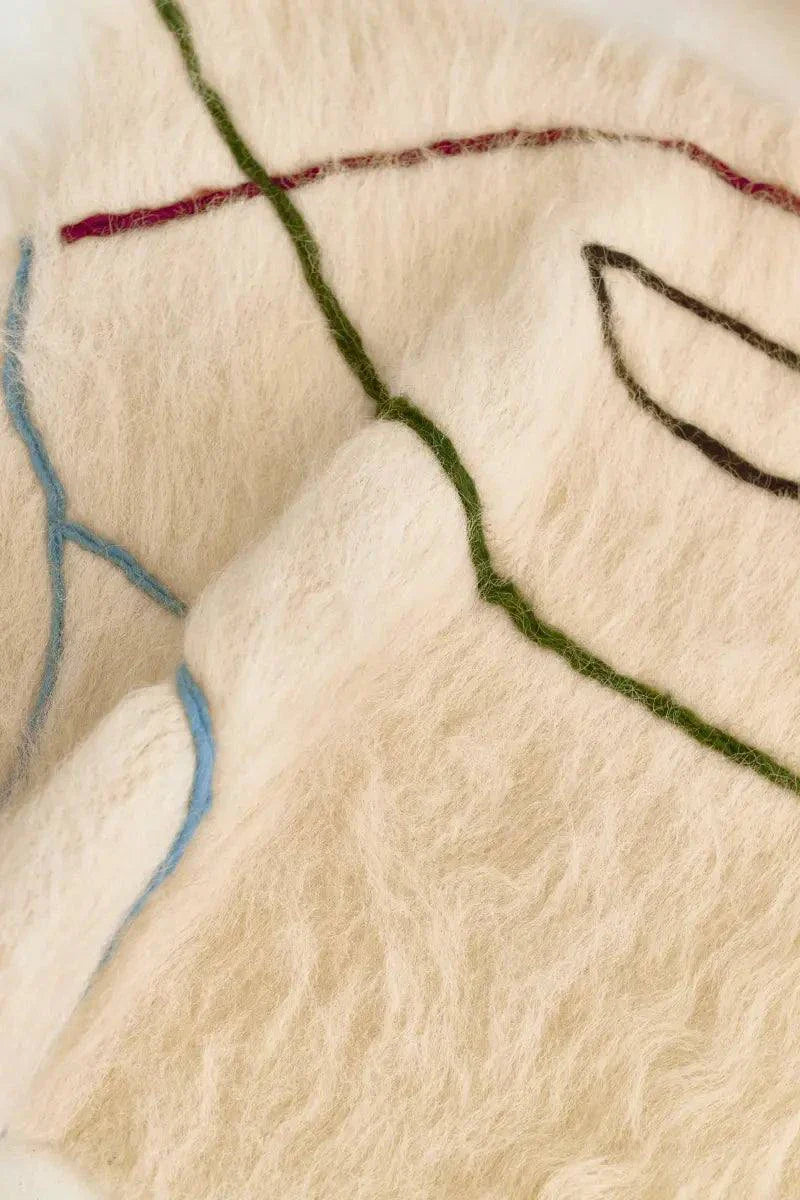 Handwoven wool runner rug with creamy floral brushed texture on cotton base