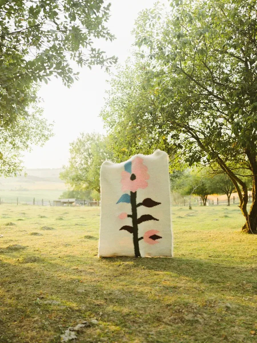 Multicoloured handwoven wool lizhnyk with brushed texture and delicate floral motif on cotton base