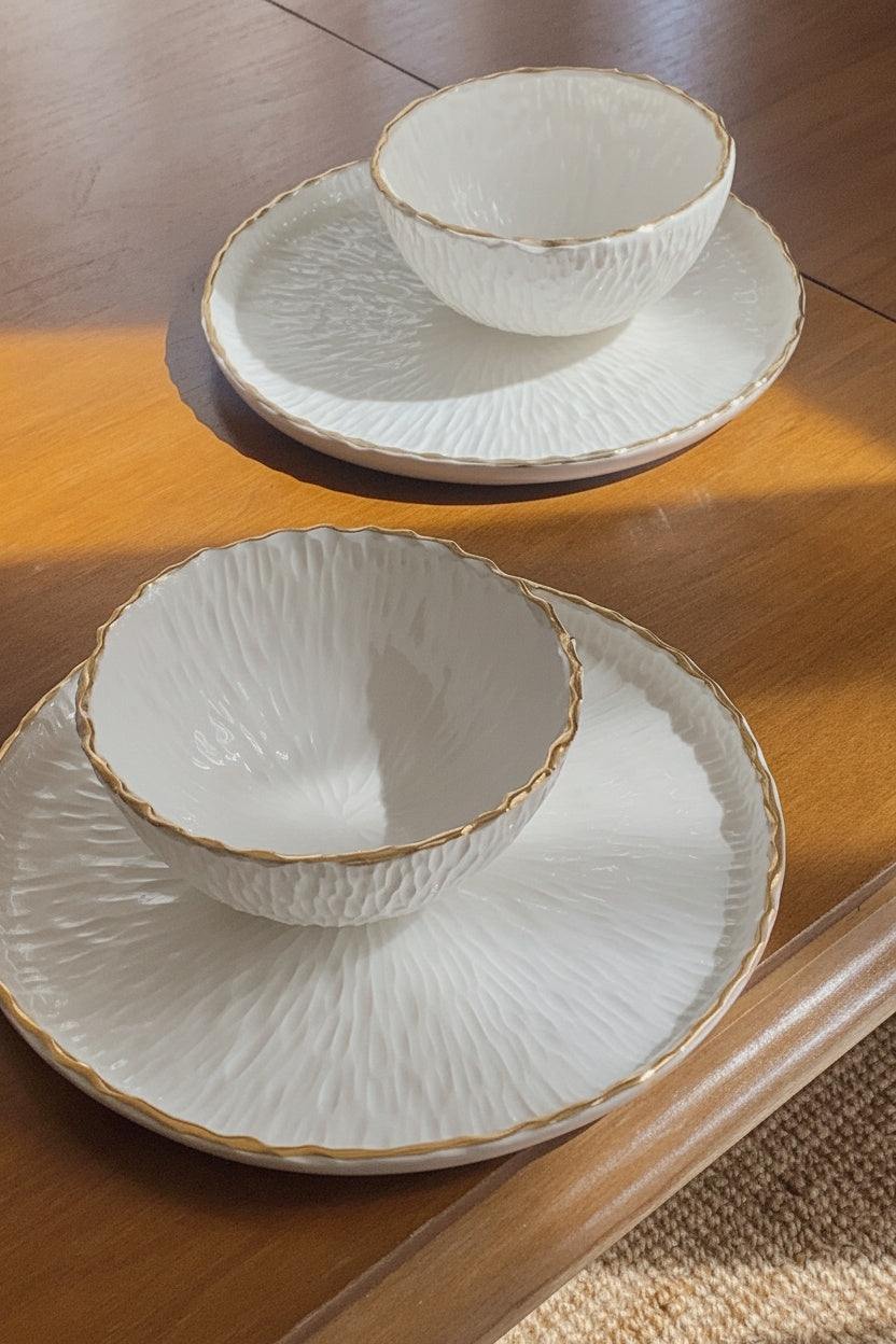 Handmade porcelain dinner plate with gold rim from Relief Collection
