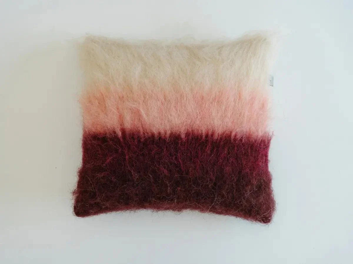 Burgundy pink and cream handwoven wool pillow with brushed texture and natural fibers