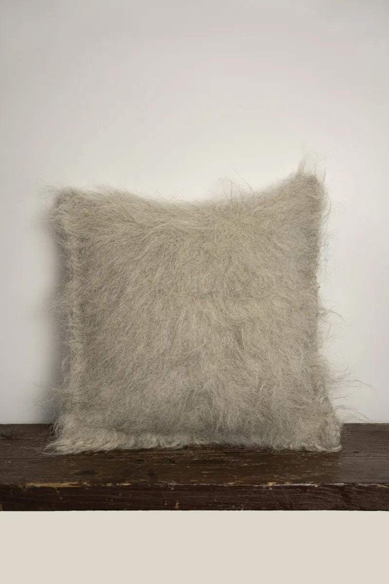 Handwoven organic wool pillow in brushed wood design, 18x18 inches, soft and fluffy decorative cushion