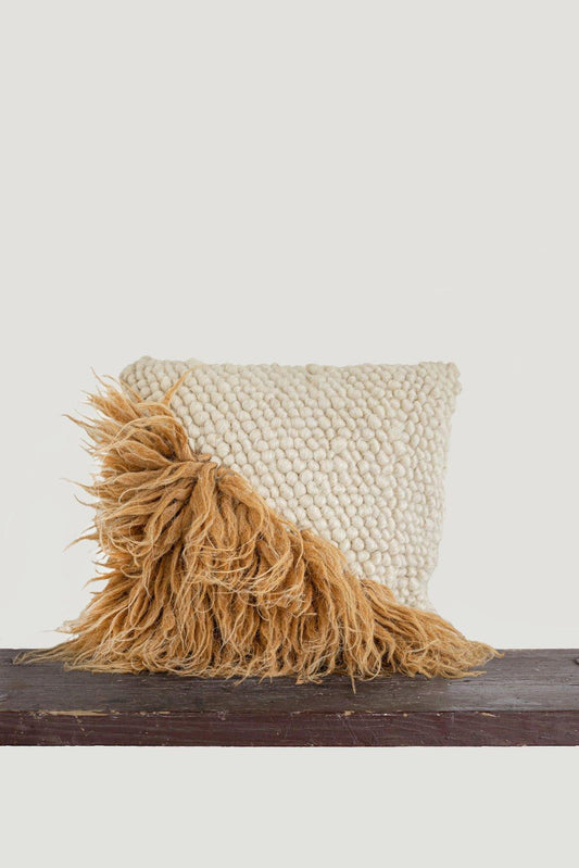 Handwoven chunky wool pillow Forest Bark with duck feather filling, 18x18 inches, cozy decorative cushion