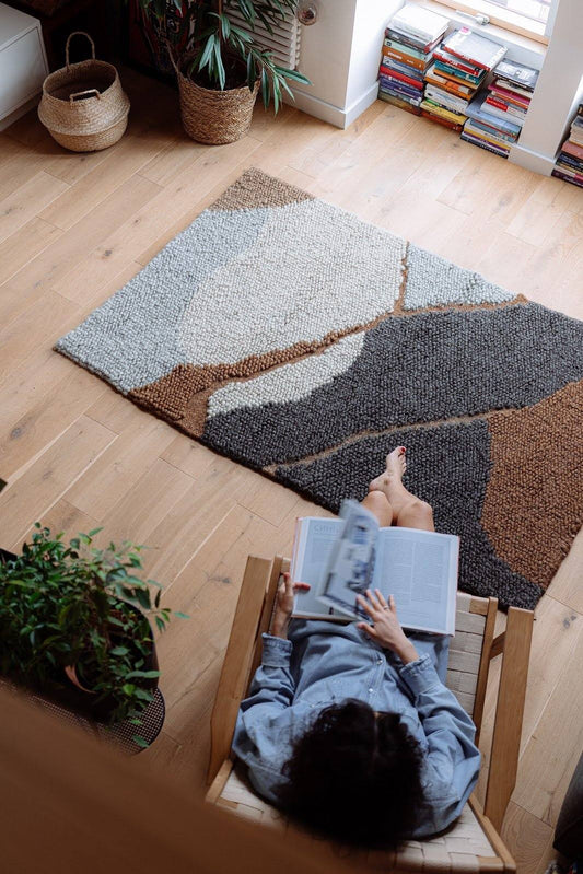 Handwoven wool area rug Guk with natural colors and traditional smooth hand weaving craftsmanship