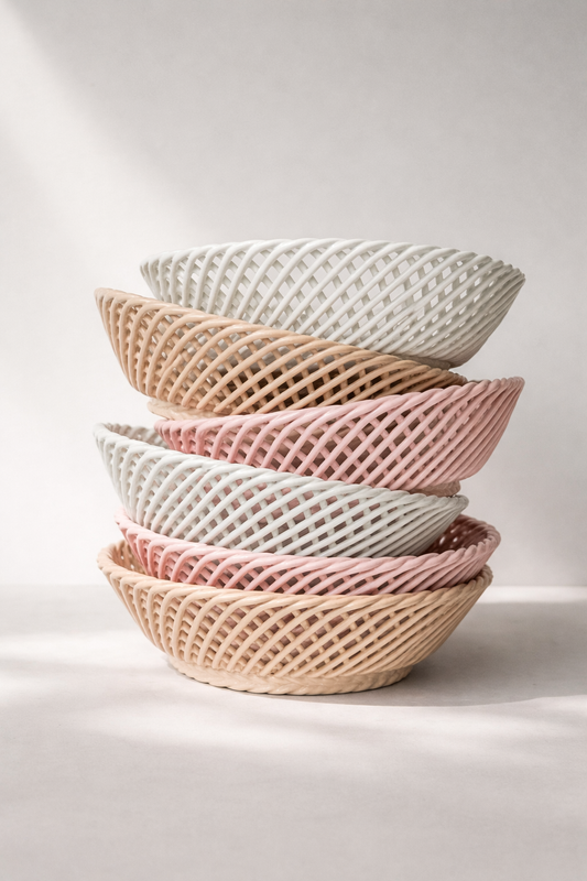 Ceramic Round Hand-Woven Basket in white, beige, and pink glazed porcelain, with open interlaced strips and a rounded shape.