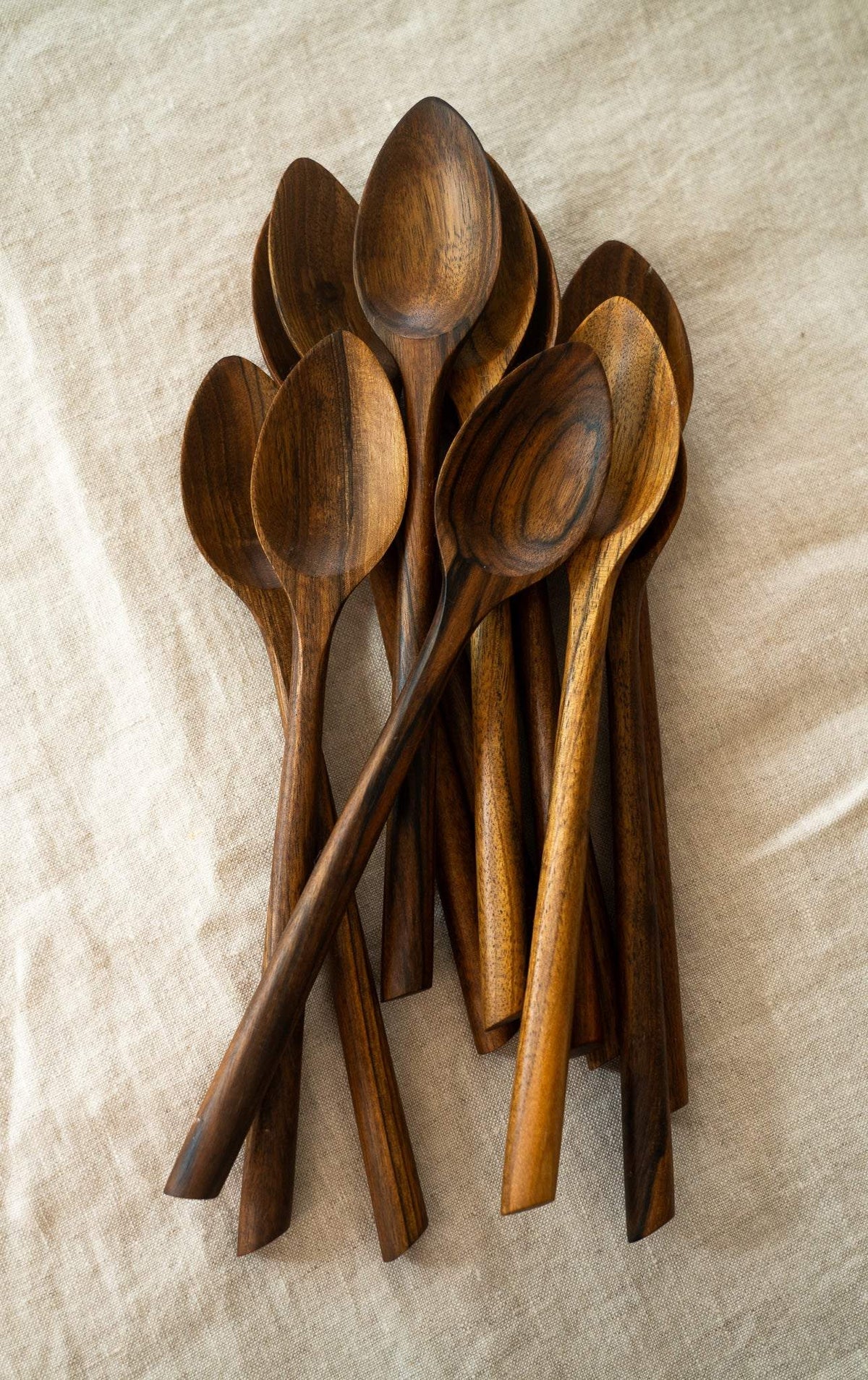 Soup Walnut Wood Spoon set with rich brown natural grain, hand-carved bowls and long tapered handles.