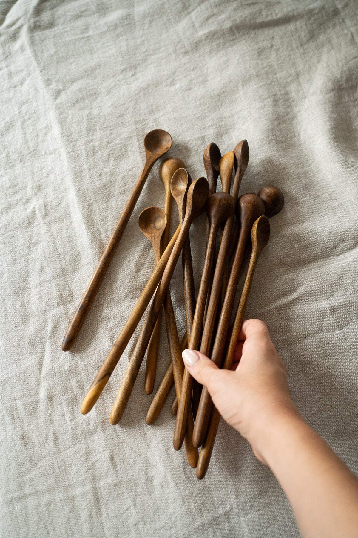 Hand carved walnut wood long coffee spoon with smooth finish and long handle