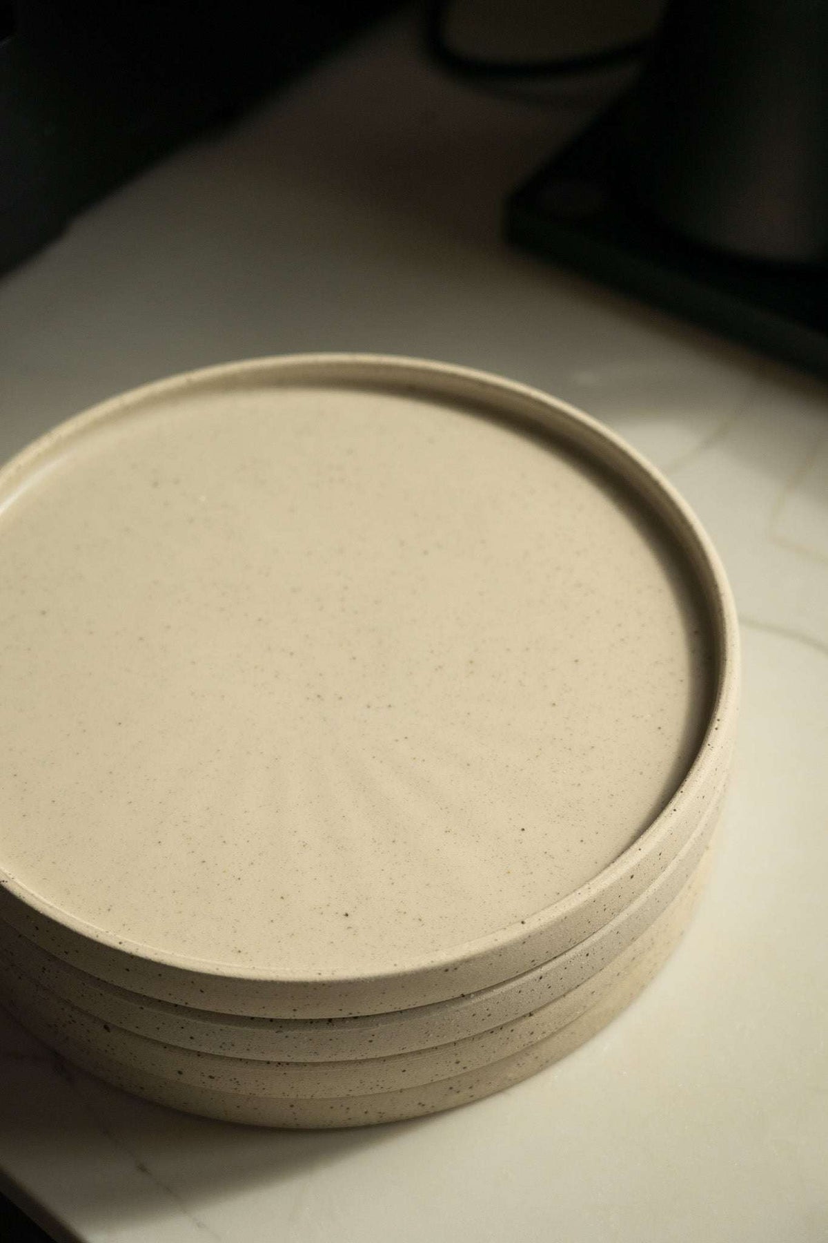 Stoneware Pottery Plate in warm ivory stoneware with fine brown speckles, a raised rim, and subtle handmade texture.