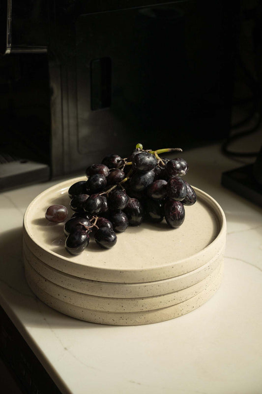 Stoneware Pottery Plate in warm ivory stoneware with fine dark speckles, raised rim, and smooth glazed center.