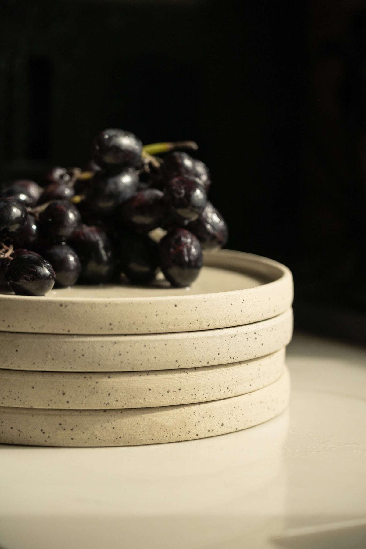 Stoneware Pottery Plate in warm ivory stoneware with fine dark speckles, shallow rim, and subtle horizontal bands.