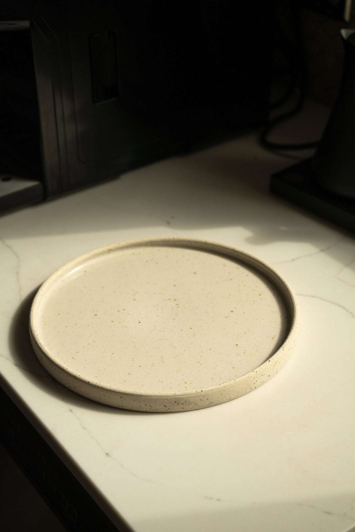 Stoneware Pottery Plate in warm ivory with fine brown speckles, featuring a smooth center and raised rustic rim.