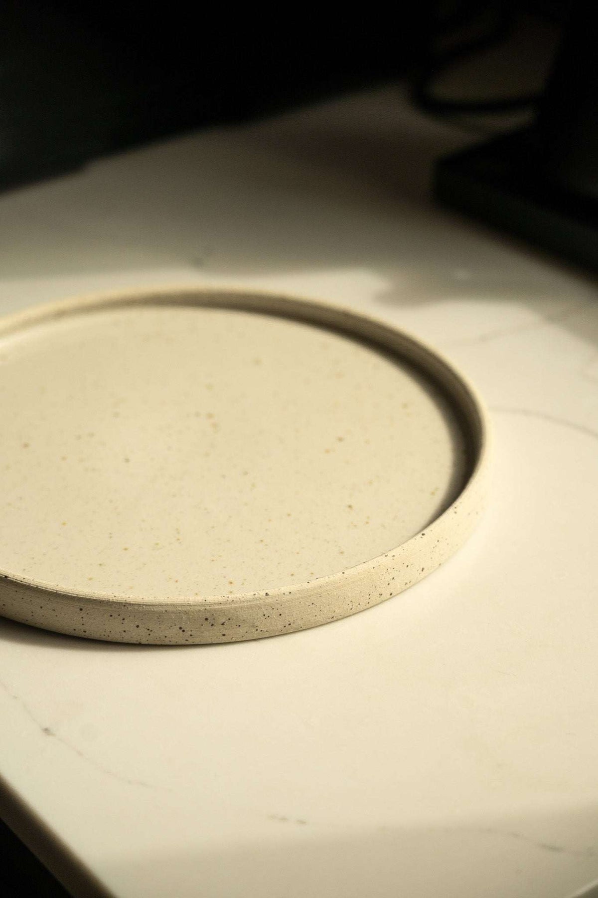 Stoneware Pottery Plate in warm white stoneware, dotted with fine speckles and shaped with a raised rim.
