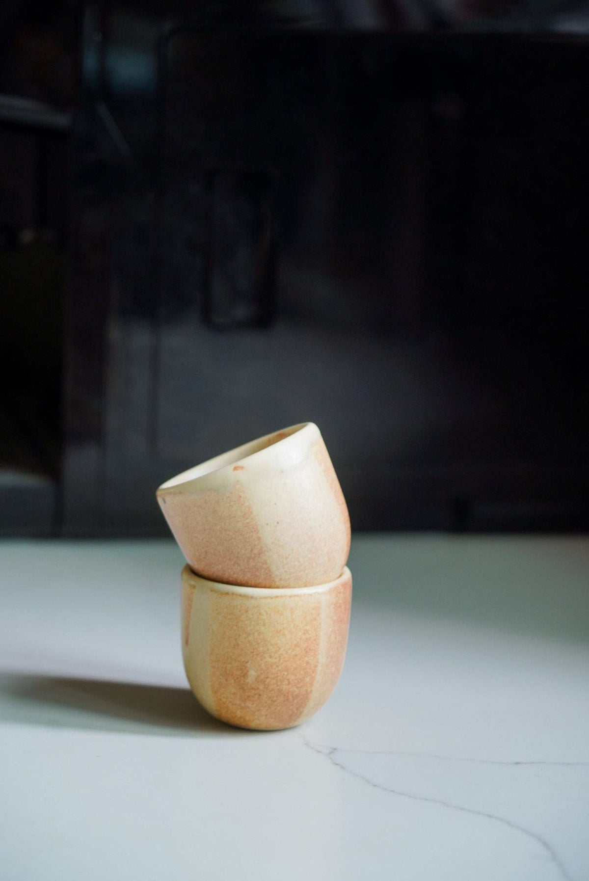 Beige stoneware handmade espresso coffee cup with organic edges and reactive glaze, 5 oz, dishwasher safe