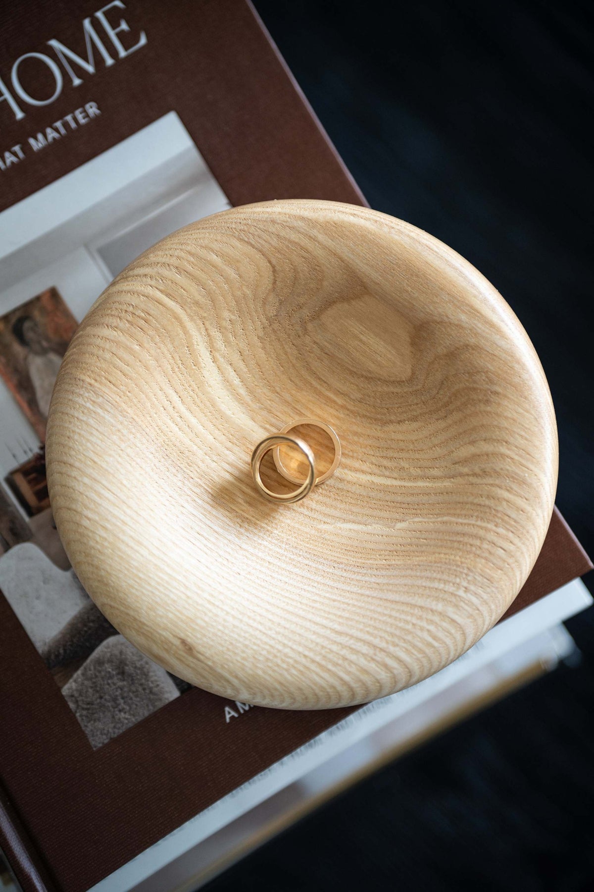 Hand carved wooden jewelry tray made of ashwood with rounded edges for rings and keys storage