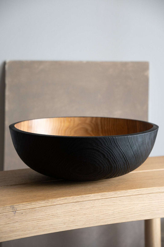 Extra large hand-carved ash wood bowl with half charred black interior and exterior finish