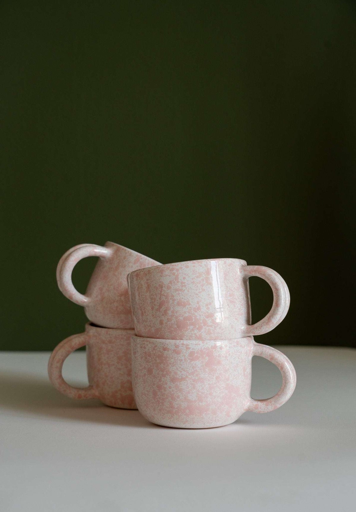 Hand painted personalized stoneware mug with double handle and organic splatter glaze design