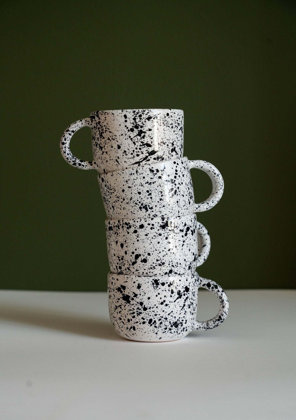 Hand painted splatter ceramic mug with double handle, personalized stoneware mug in speckled glaze