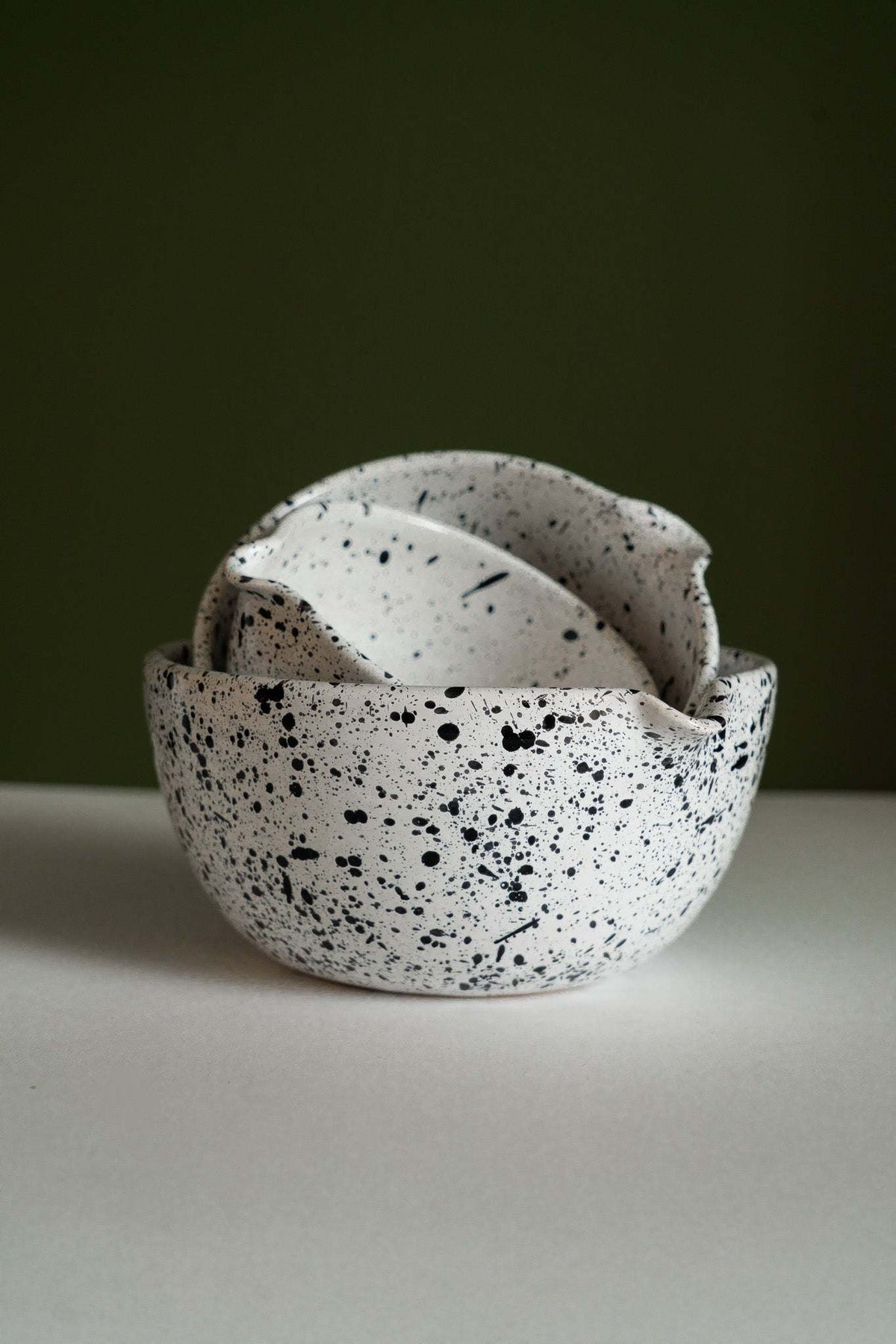 Deep Stoneware Mixing & Serving Nesting Bowl Set with pour spout and artisanal black speckles