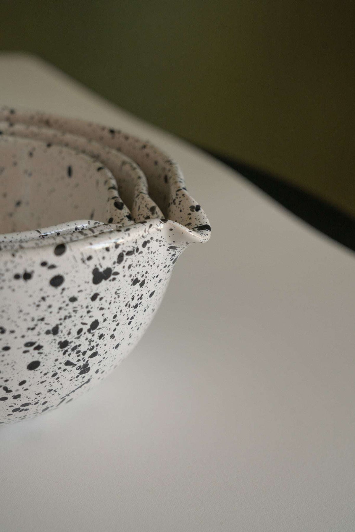 Deep stoneware mixing and serving bowls nest set with pour spouts and artisanal speckled finish