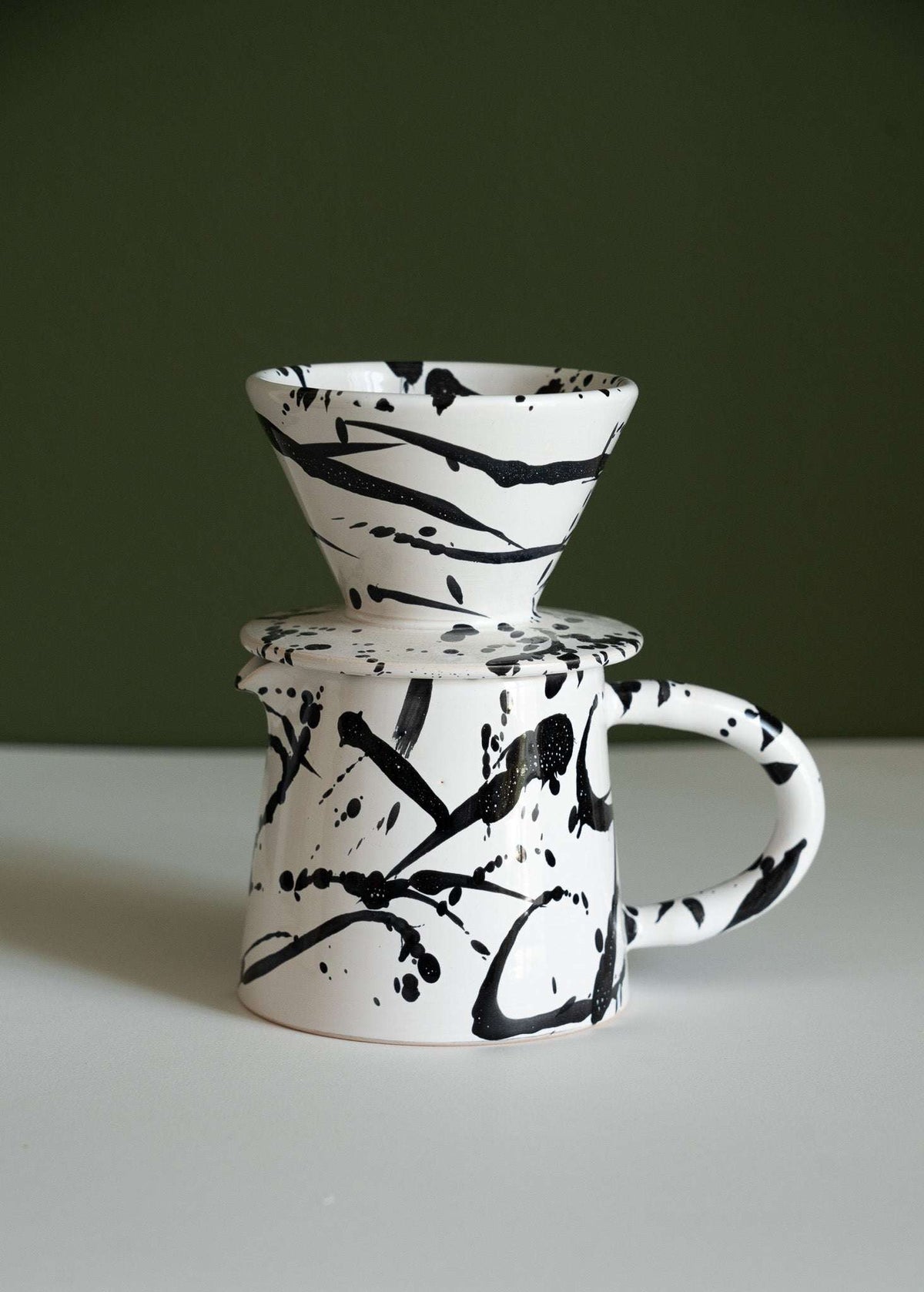 Handmade ceramic pour over coffee set with stoneware dripper and pitcher in monochrome finishes