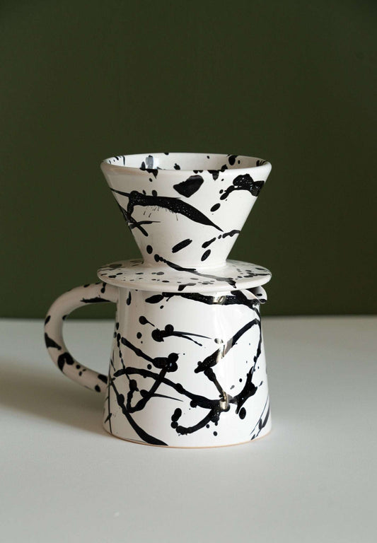 Handmade ceramic pour over coffee set with stoneware dripper and server pitcher in monochrome finish