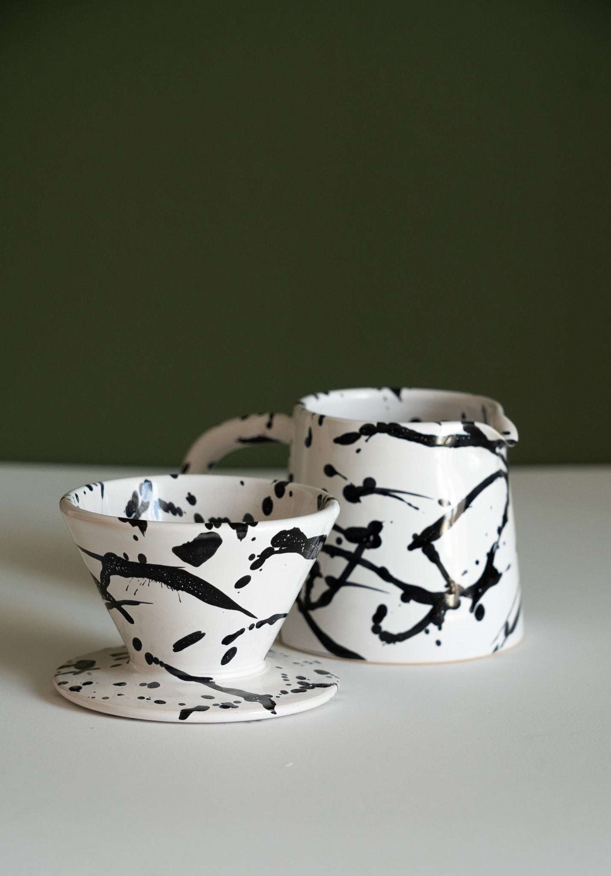Handmade ceramic pour over coffee set with stoneware dripper and pitcher in monochrome finish