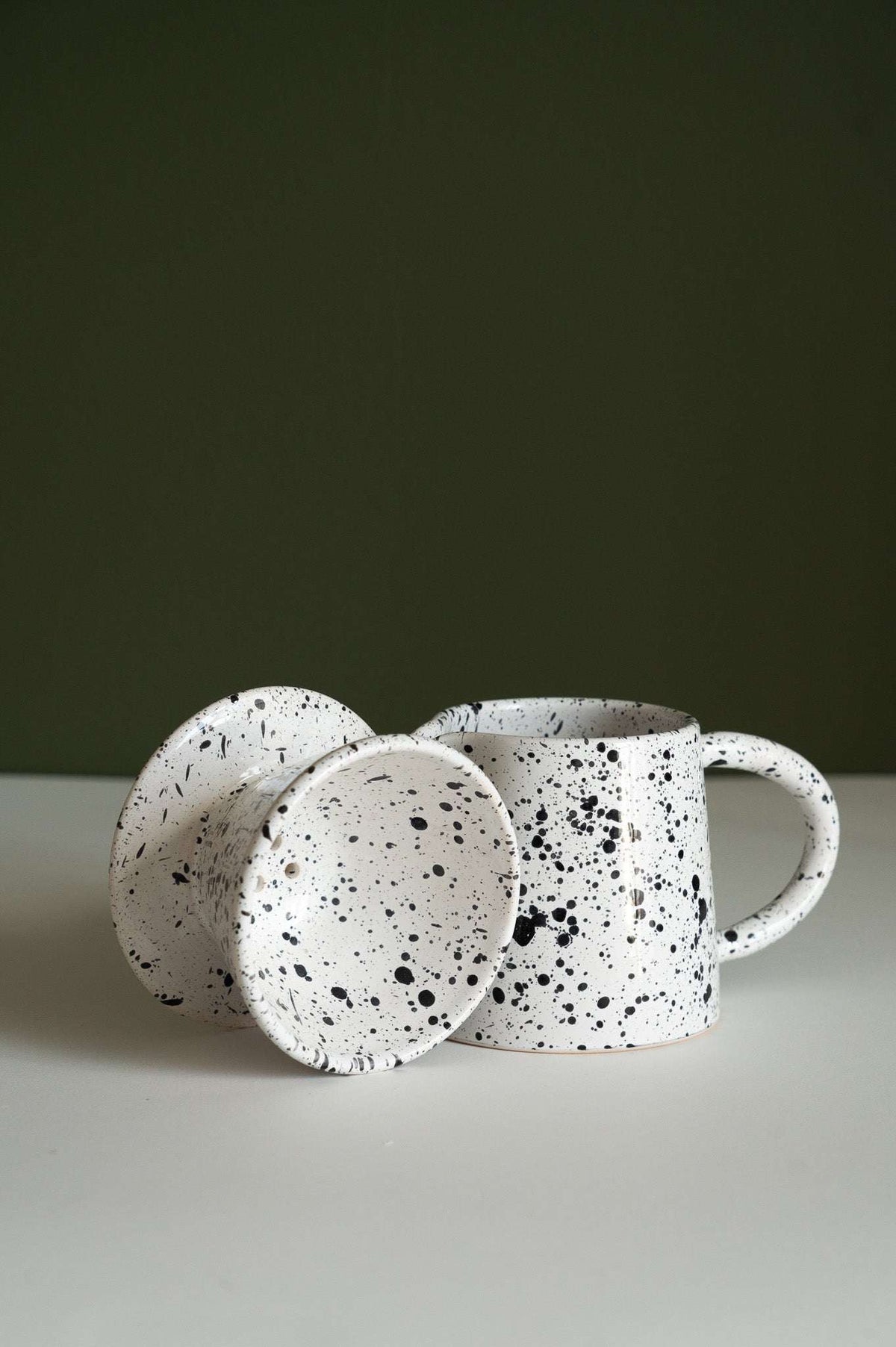 Handmade ceramic pour over coffee set with stoneware dripper and pitcher in black and white finish