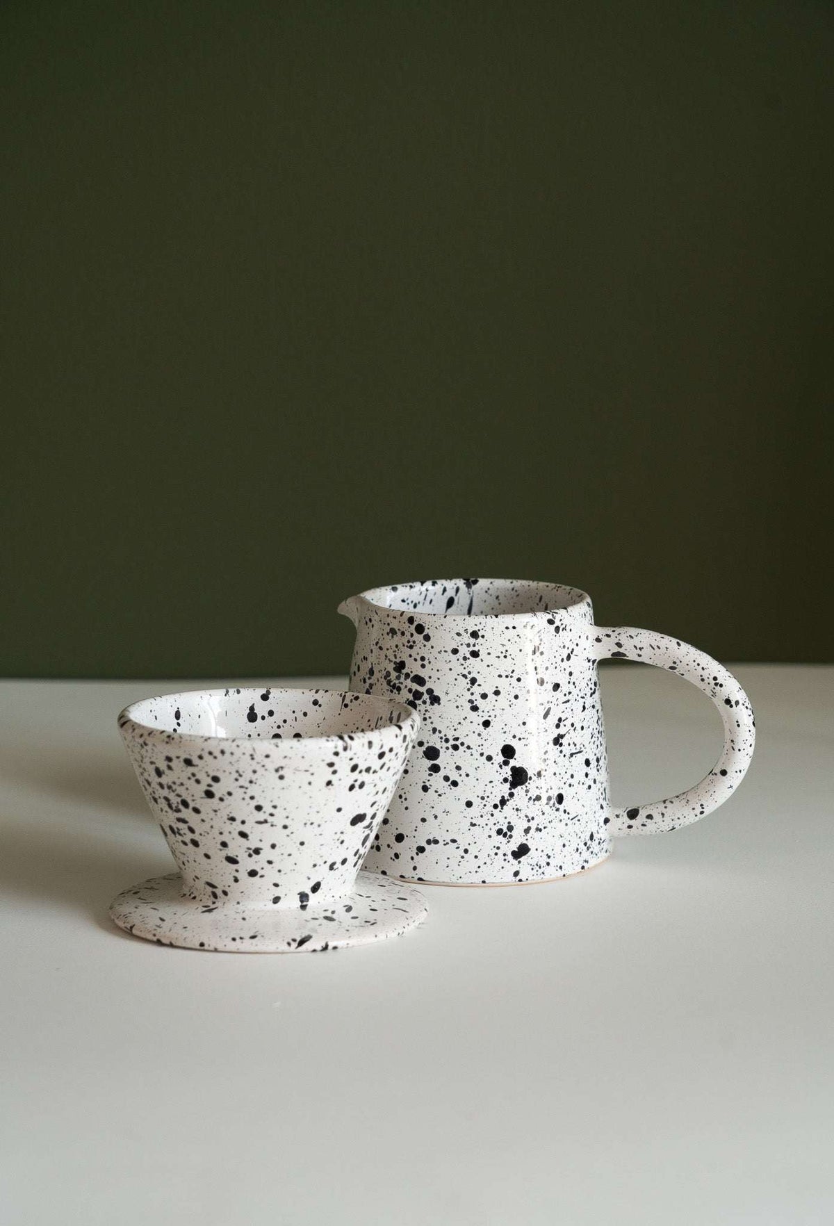 Handmade ceramic pour over coffee set with stoneware dripper and pitcher in monochrome finish