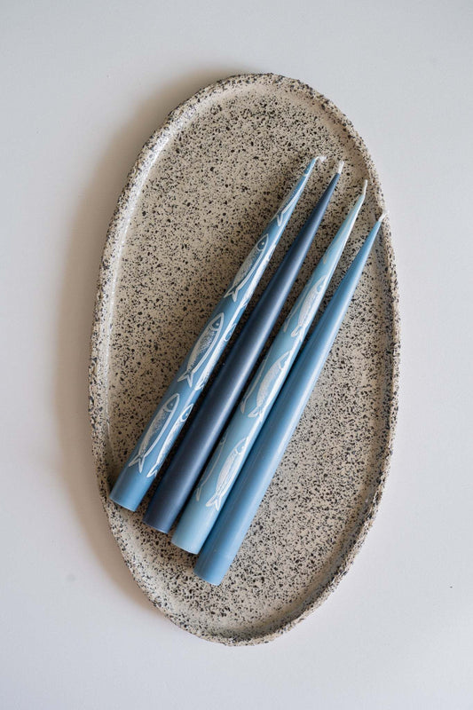 Hand-painted taper candle set with blue sardine illustrations in coastal nautical style