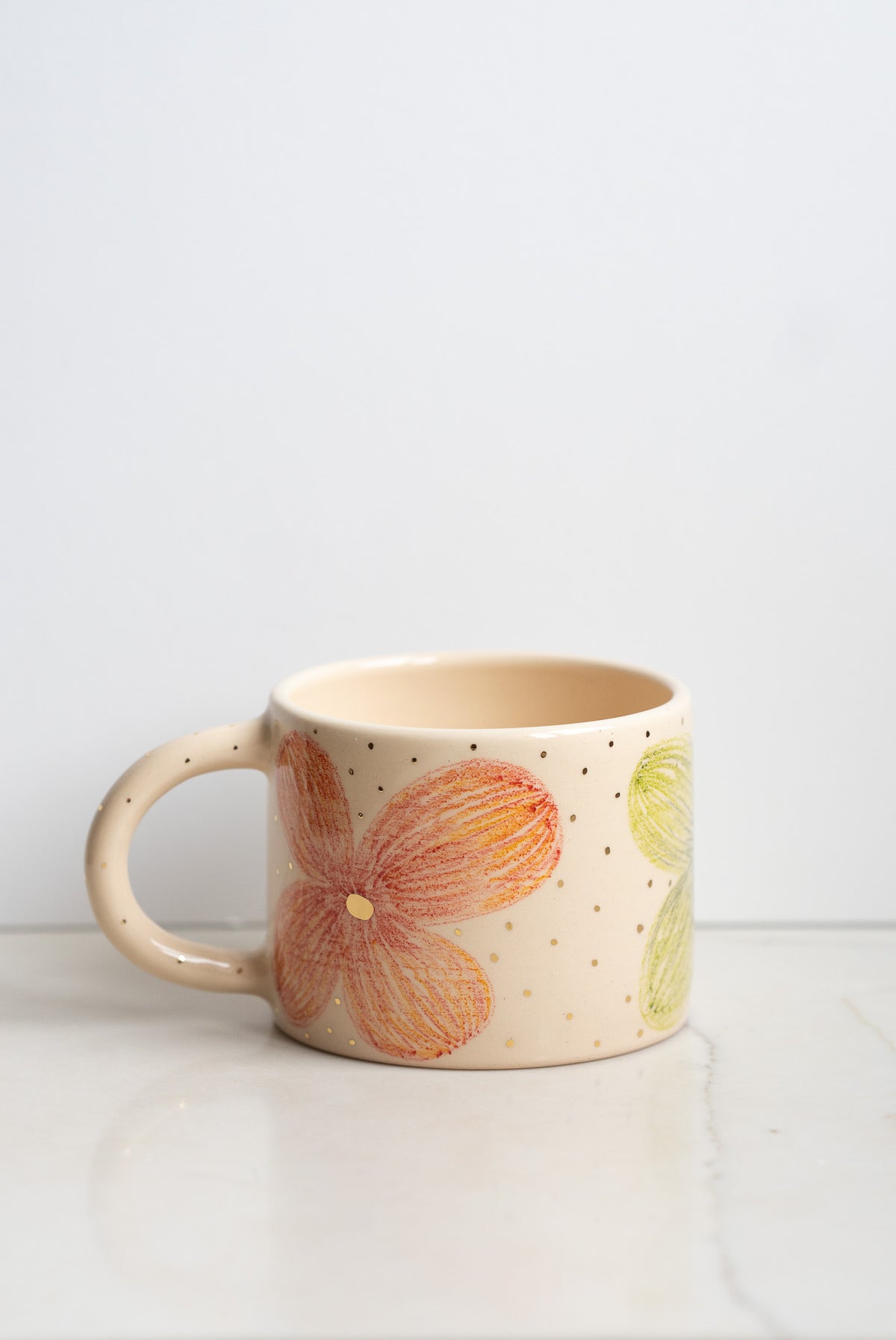 Hand-Painted Floral Stoneware Mug with Gold Accents