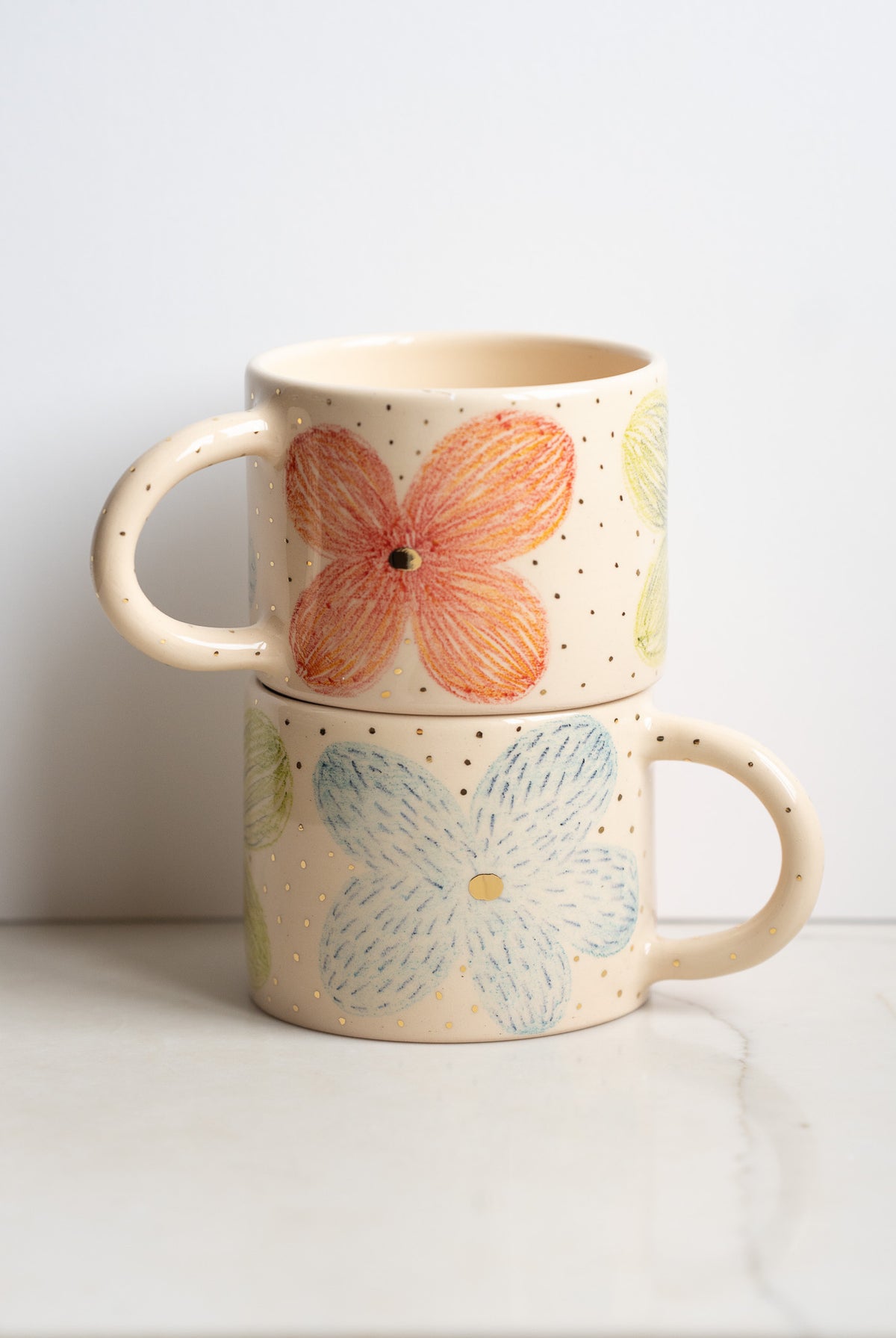 Hand-Painted Floral Stoneware Mug with Gold Accents