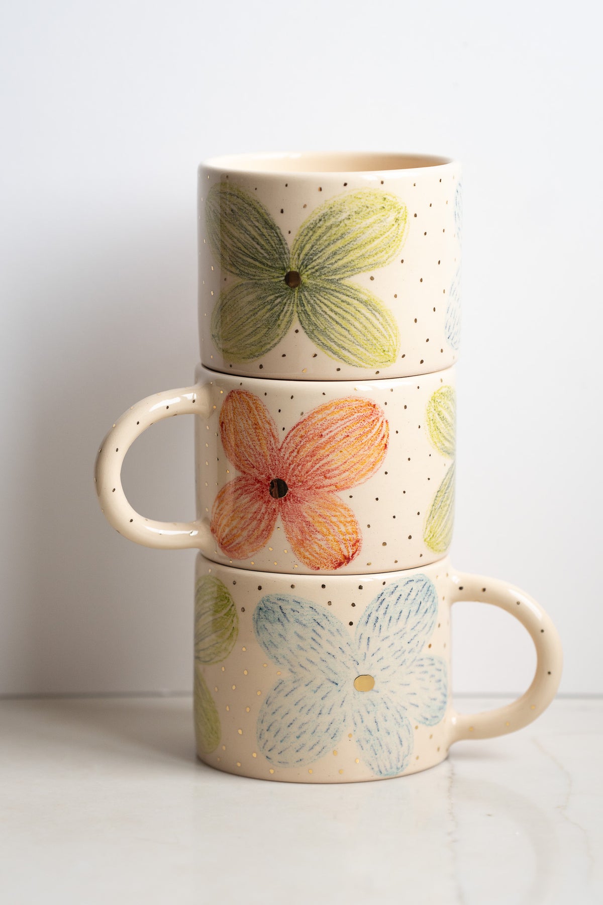 Hand-Painted Floral Stoneware Mug with Gold Accents