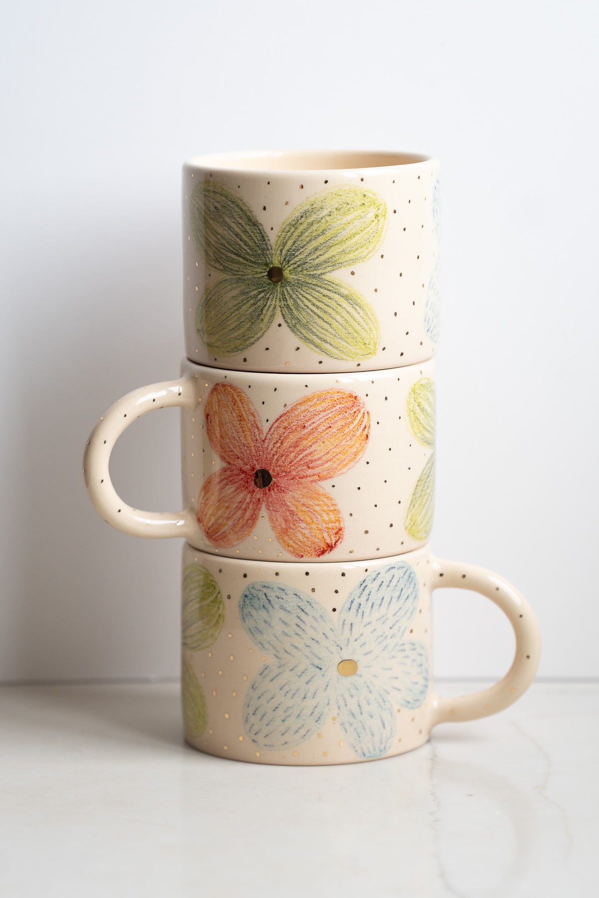 Hand-Painted Floral Stoneware Mug with Gold Accents