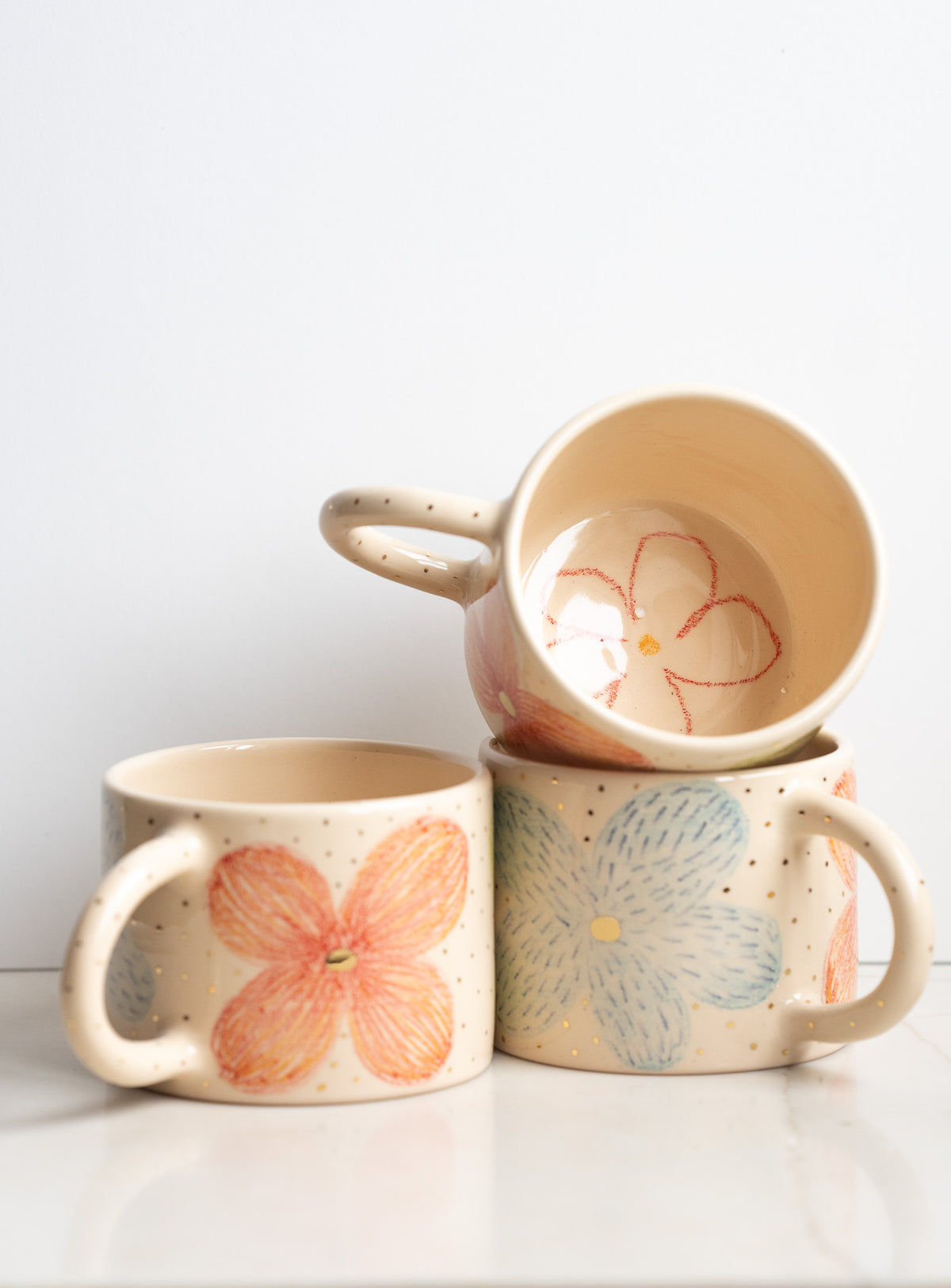 Hand-Painted Floral Stoneware Mug with Gold Accents