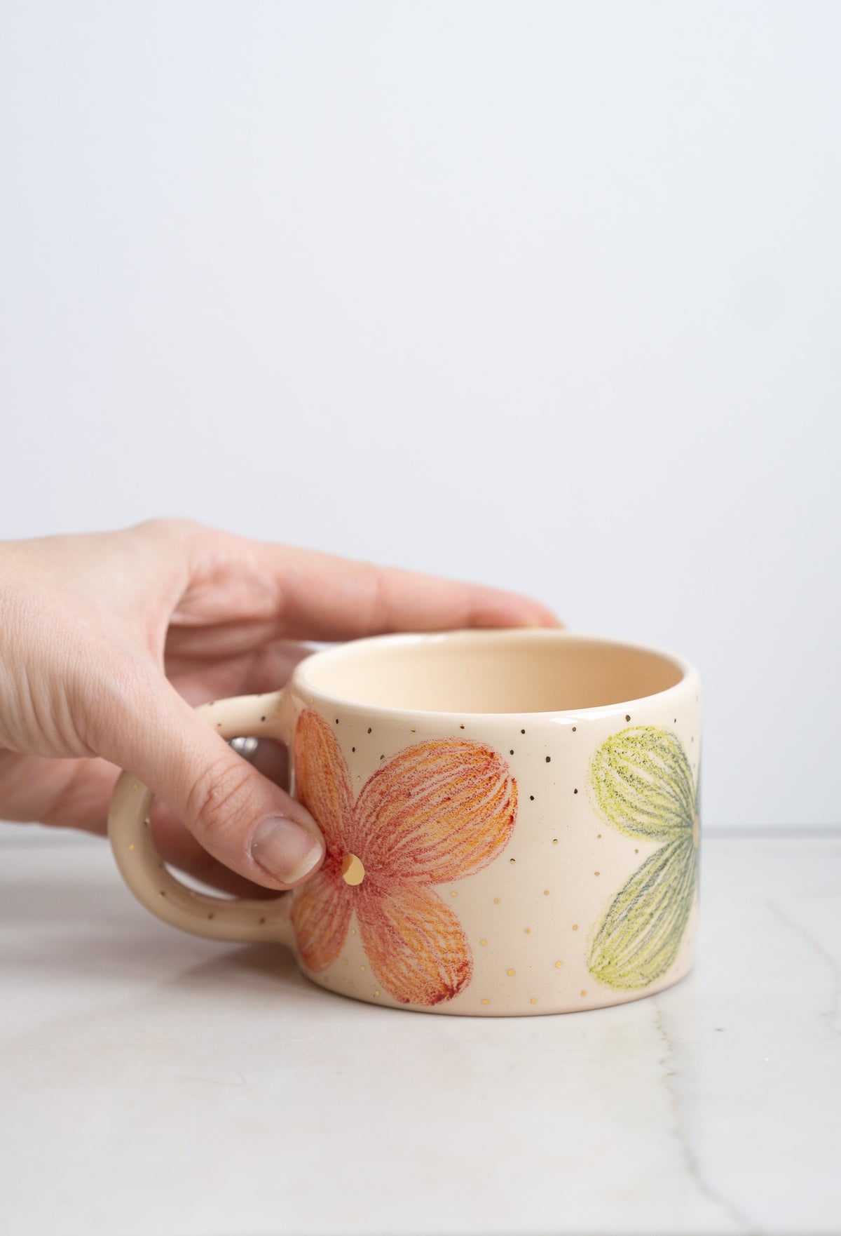 Hand-Painted Floral Stoneware Mug with Gold Accents
