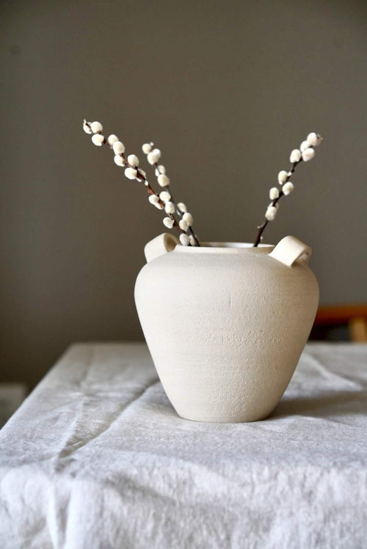 Handmade stoneware vase with rough texture and smooth sides, glazed interior, 6.7" tall, crafted in Ukraine