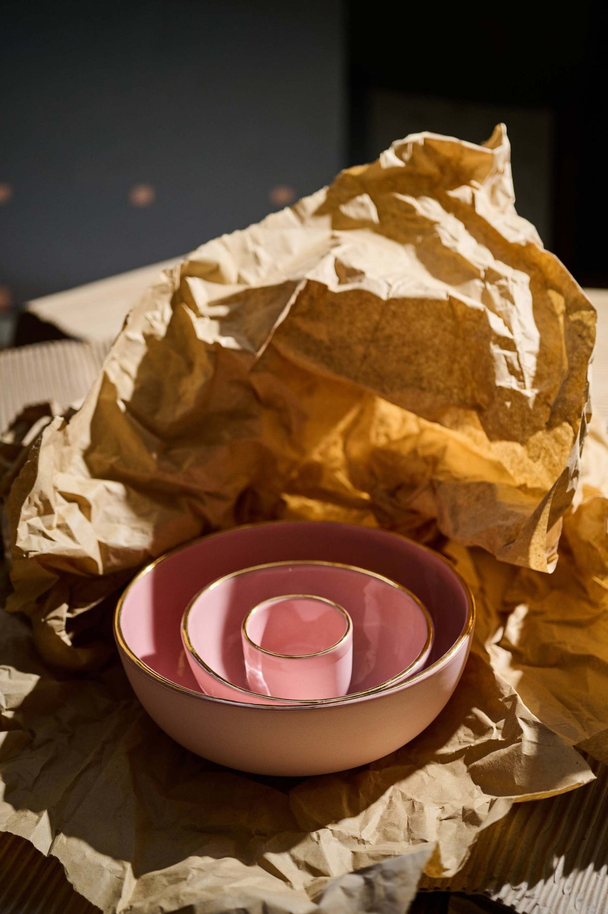 Handmade porcelain bowl powder pink with gold rim elegant kitchenware