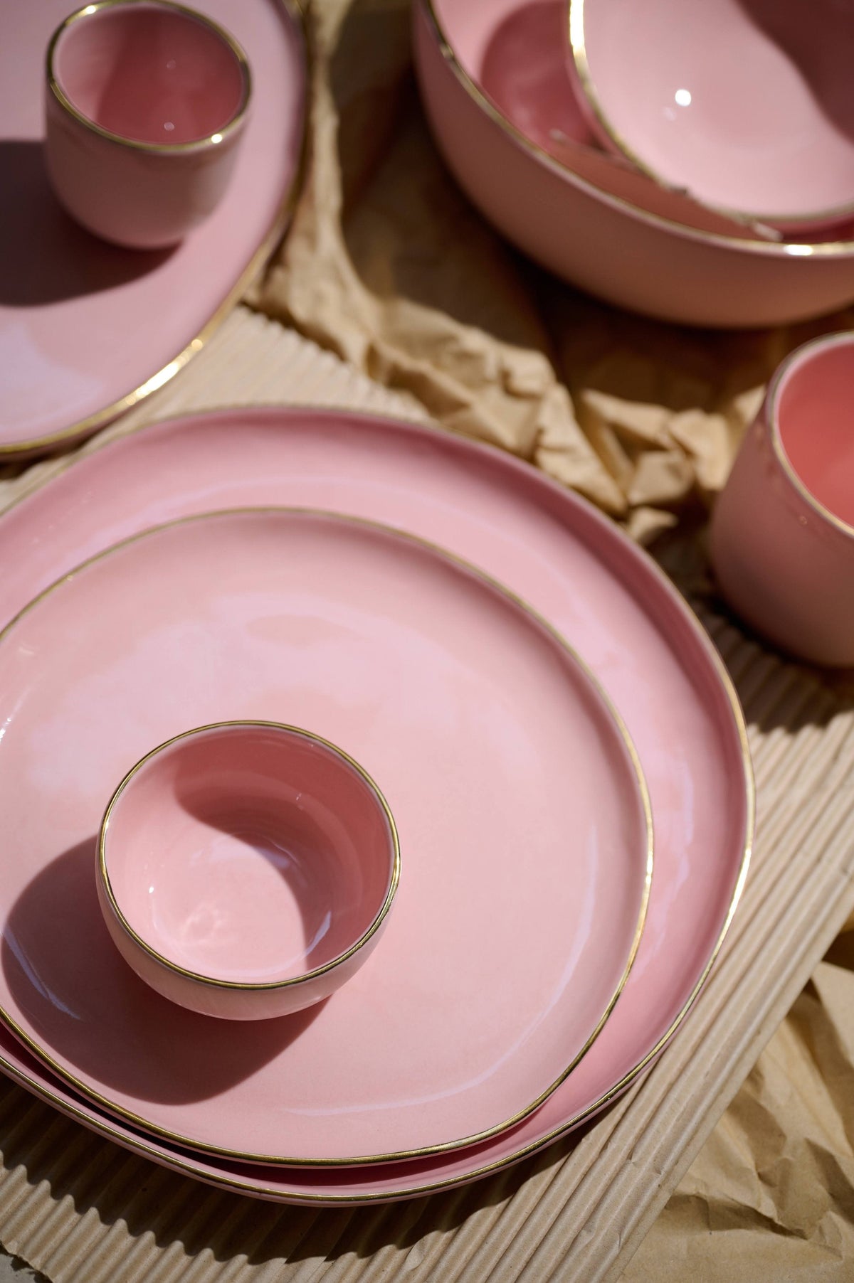 Handmade porcelain dinner plates powder pink with gold rim elegant design