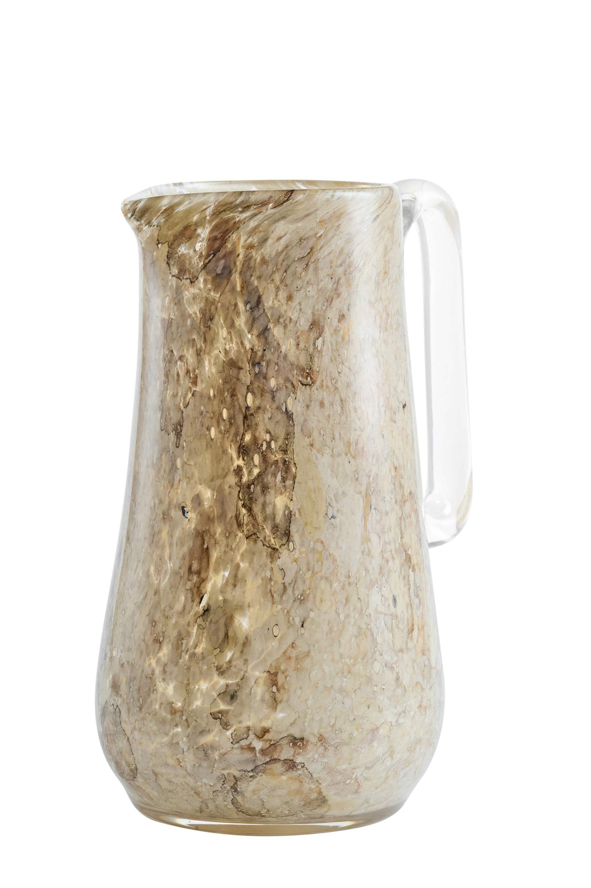 Hand blown glass pitcher with marble-inspired pattern and sturdy handle for water and drinks