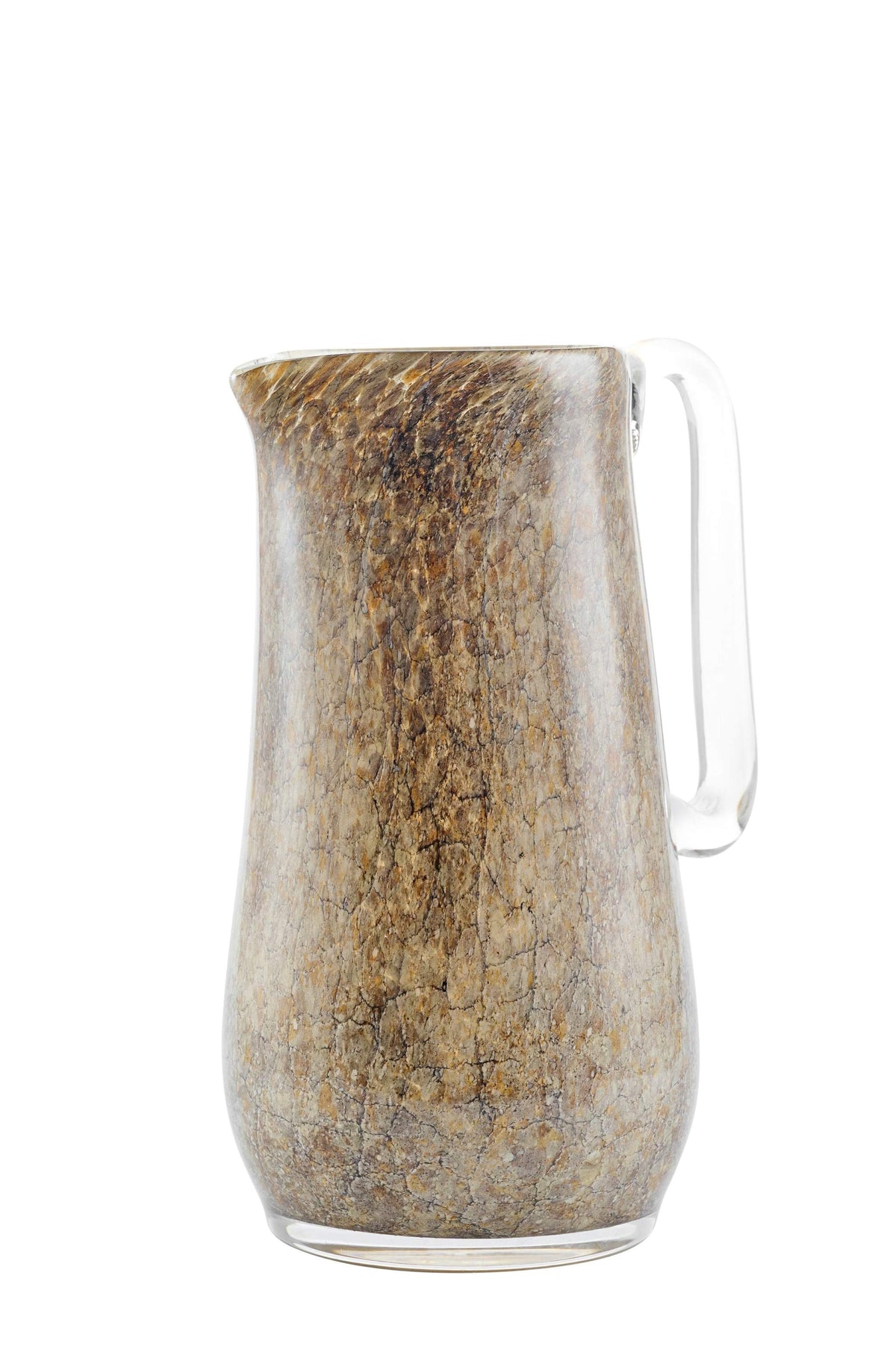 Hand blown glass pitcher with marble-inspired pattern and sturdy handle, perfect for water and drinks