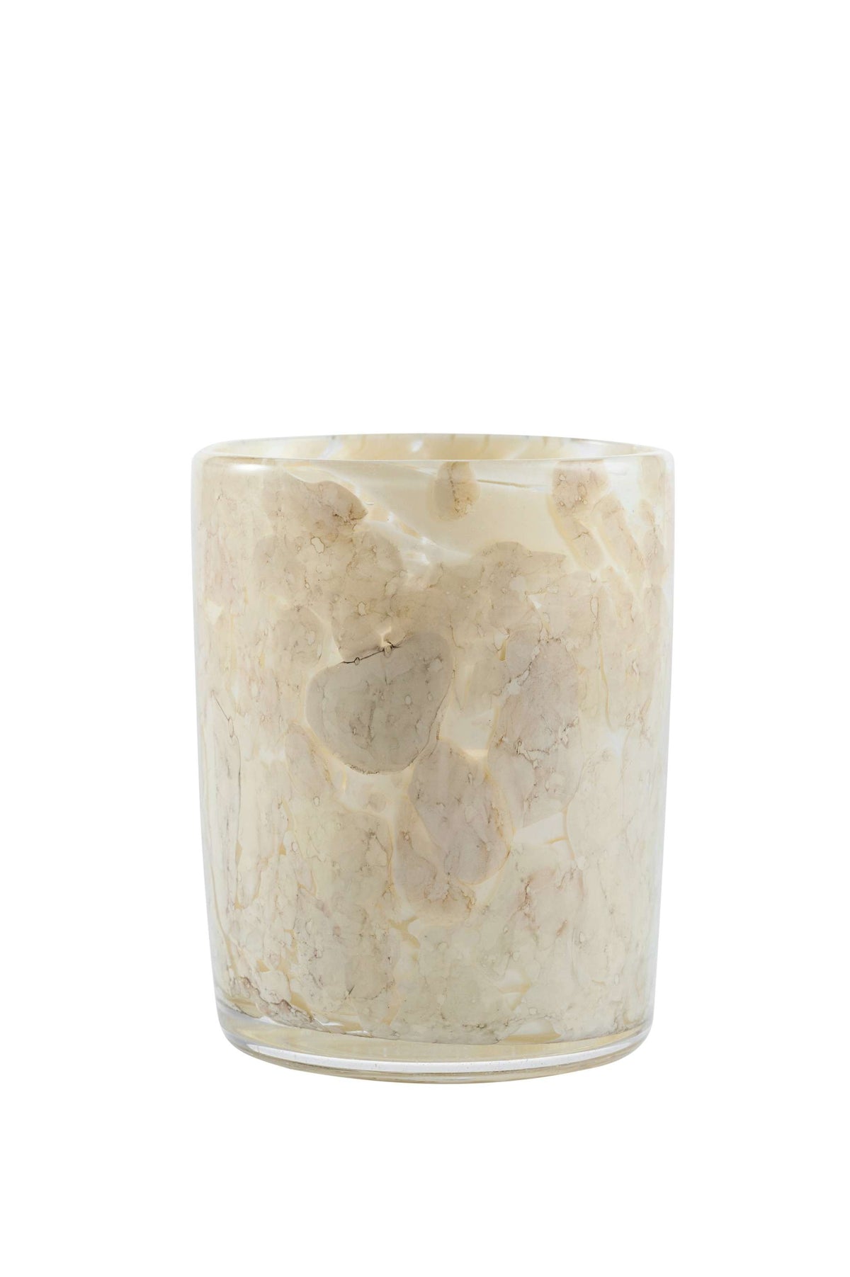 Hand blown glass tumbler with marble pattern and unique wonky edges