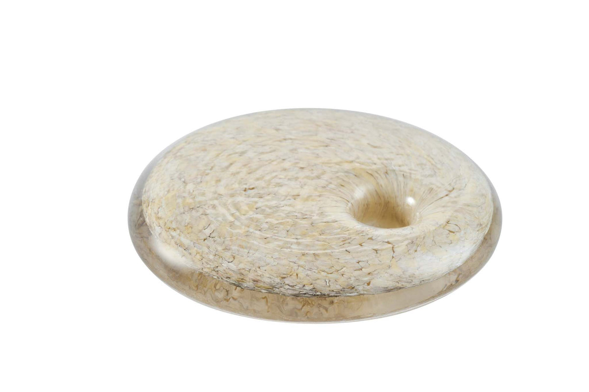 Hand blown glass candle holder with marble-inspired design and rounded shape, handmade in Ukraine.