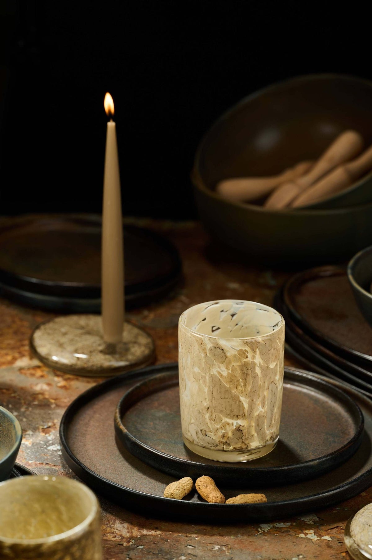 Hand blown glass tumbler with marble-inspired pattern and straight edges, unique handmade design from Ukraine