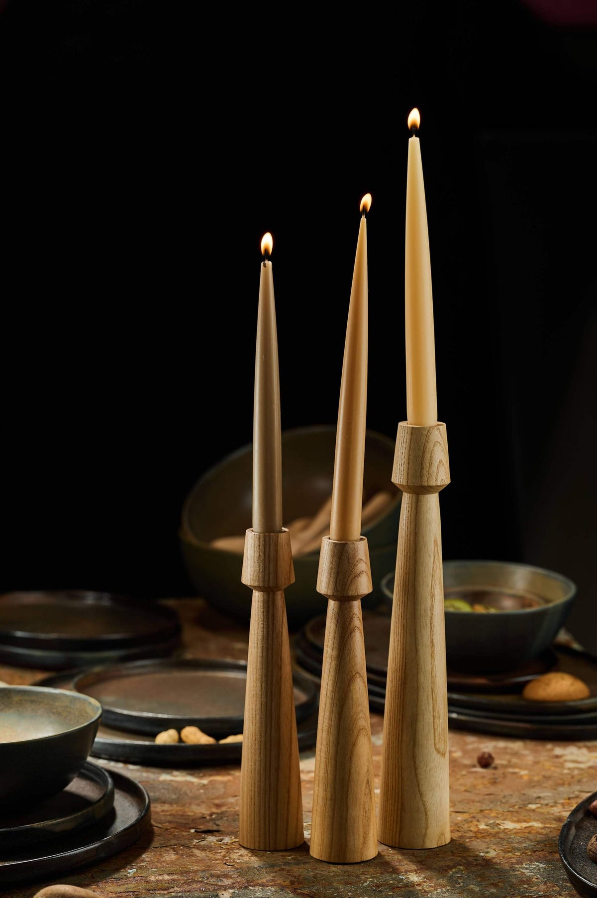 Hand-carved wooden candle holder made of walnut wood with geometric design for indoor decor