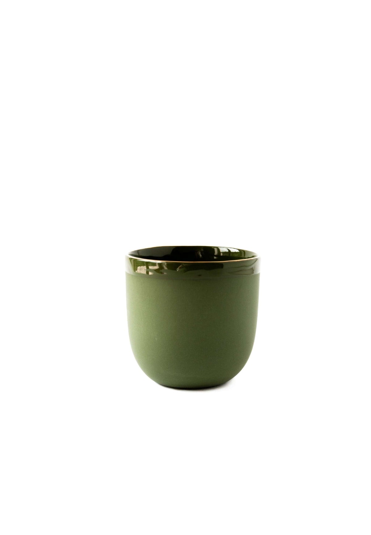 Handmade porcelain coffee cup with green glossy glaze and gold rim, elegant and unique design