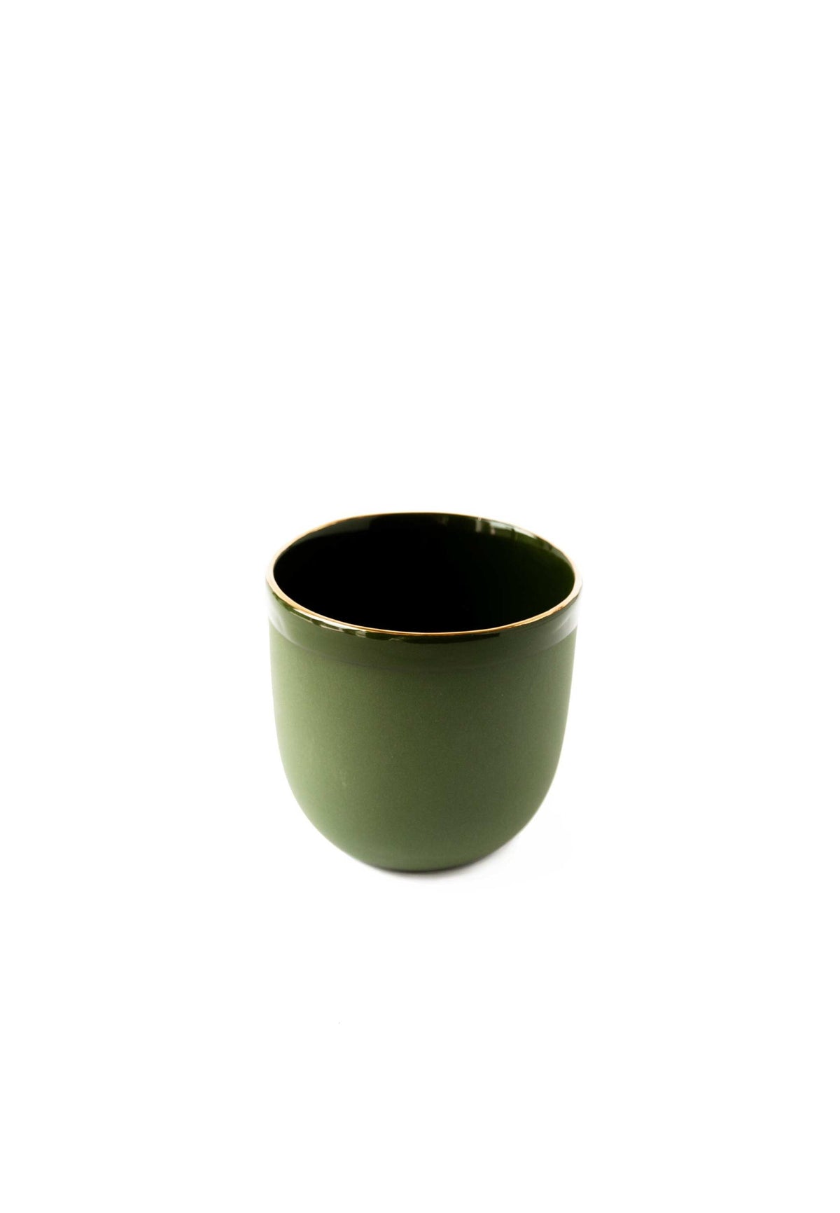 Handmade porcelain coffee cup with green glaze and gold rim, elegant and unique design