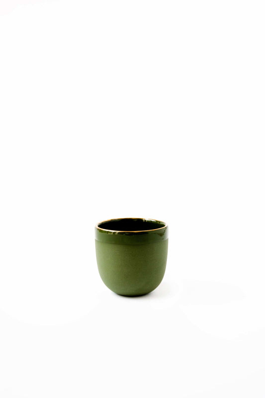 Handmade green porcelain espresso cup with gold rim and exposed clay exterior