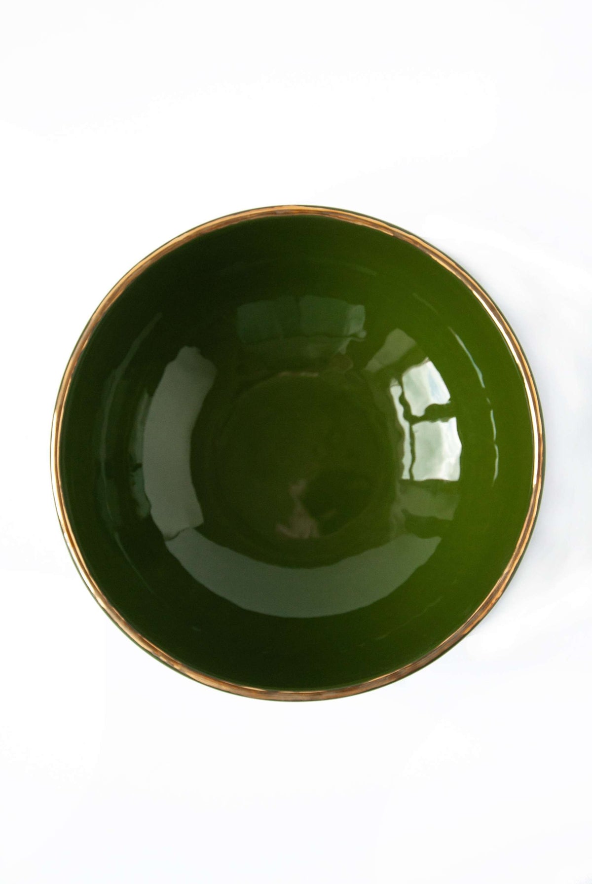 Handmade green porcelain salad bowl with gold rim and shiny glaze