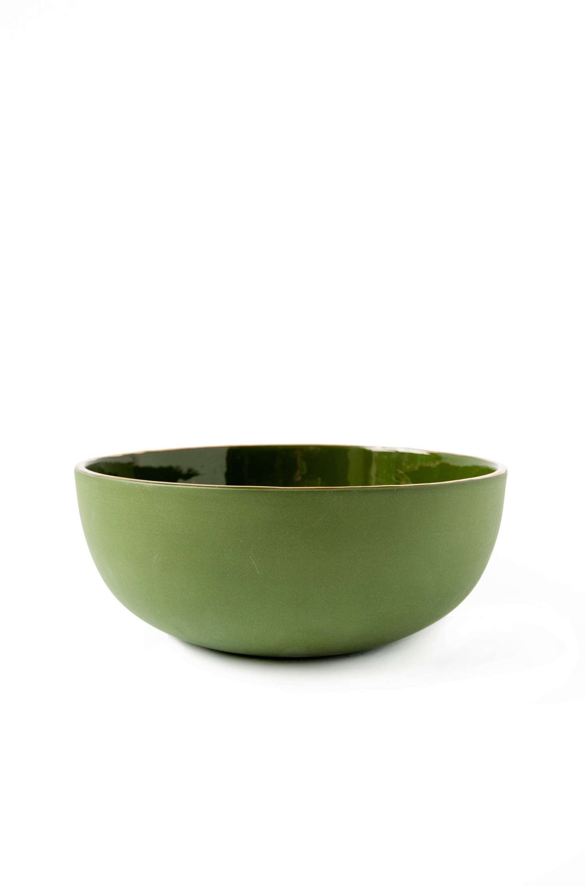 Handmade green porcelain salad bowl with gold rim and shiny glaze